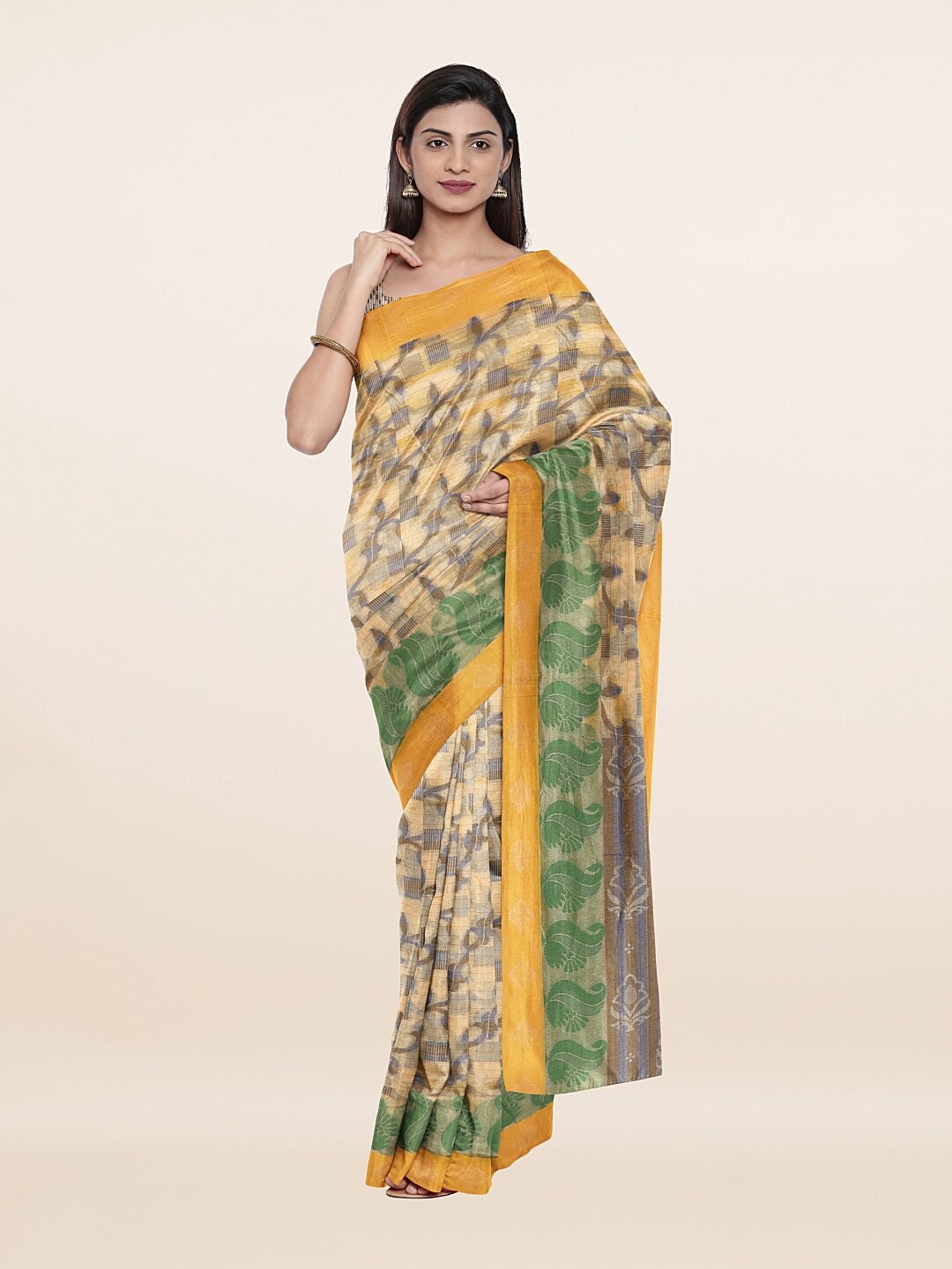 

Pothys Cream-Coloured & Green Cotton Blend Woven Design Saree