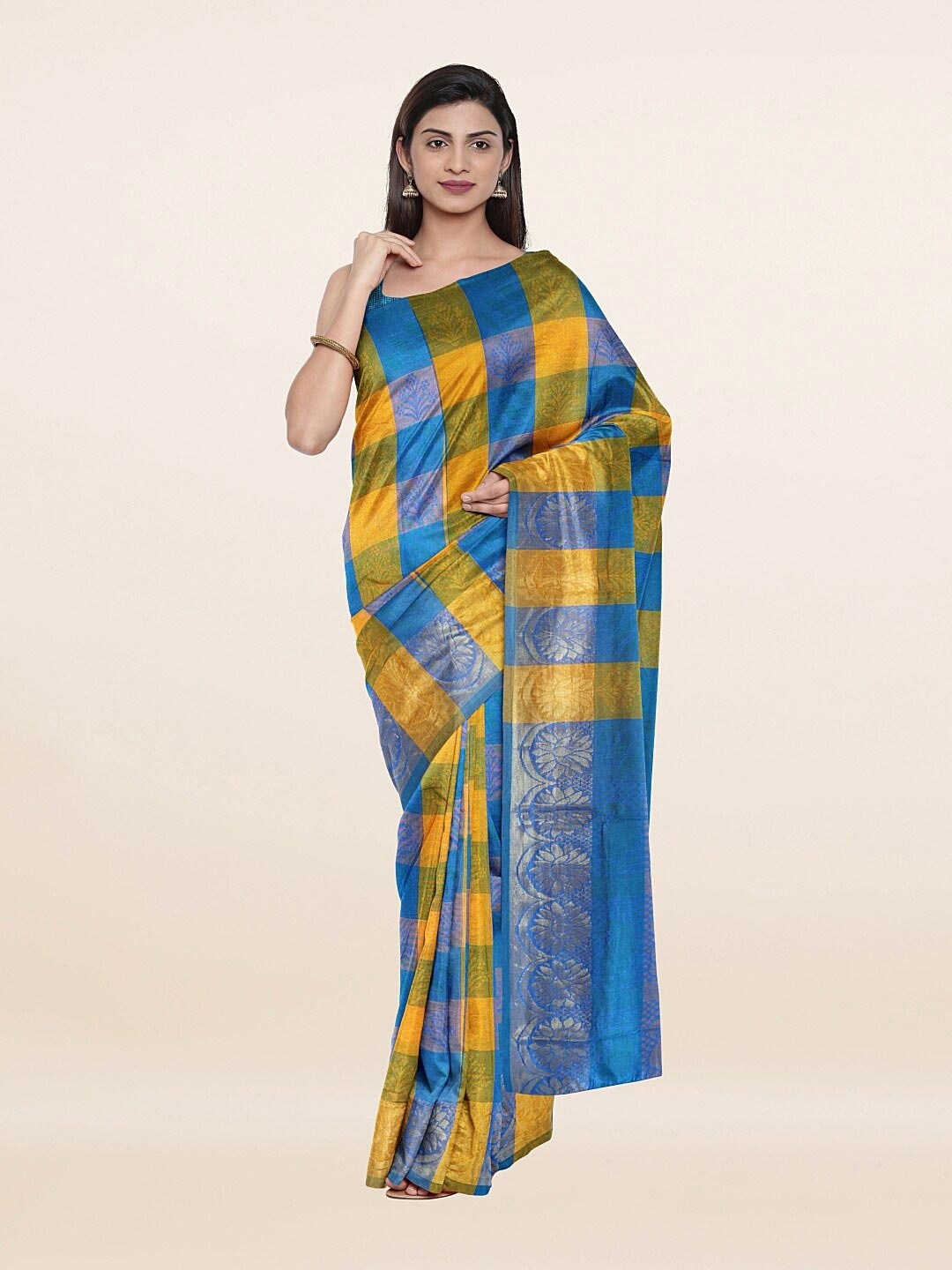 

Pothys Blue & Yellow Checked Zari Saree