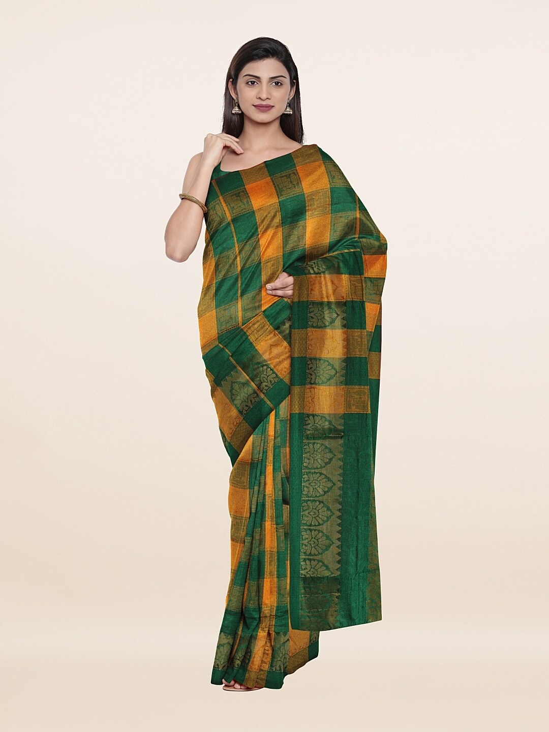 

Pothys Women Green & Gold-Toned Checked Cotton Blend Zari Saree