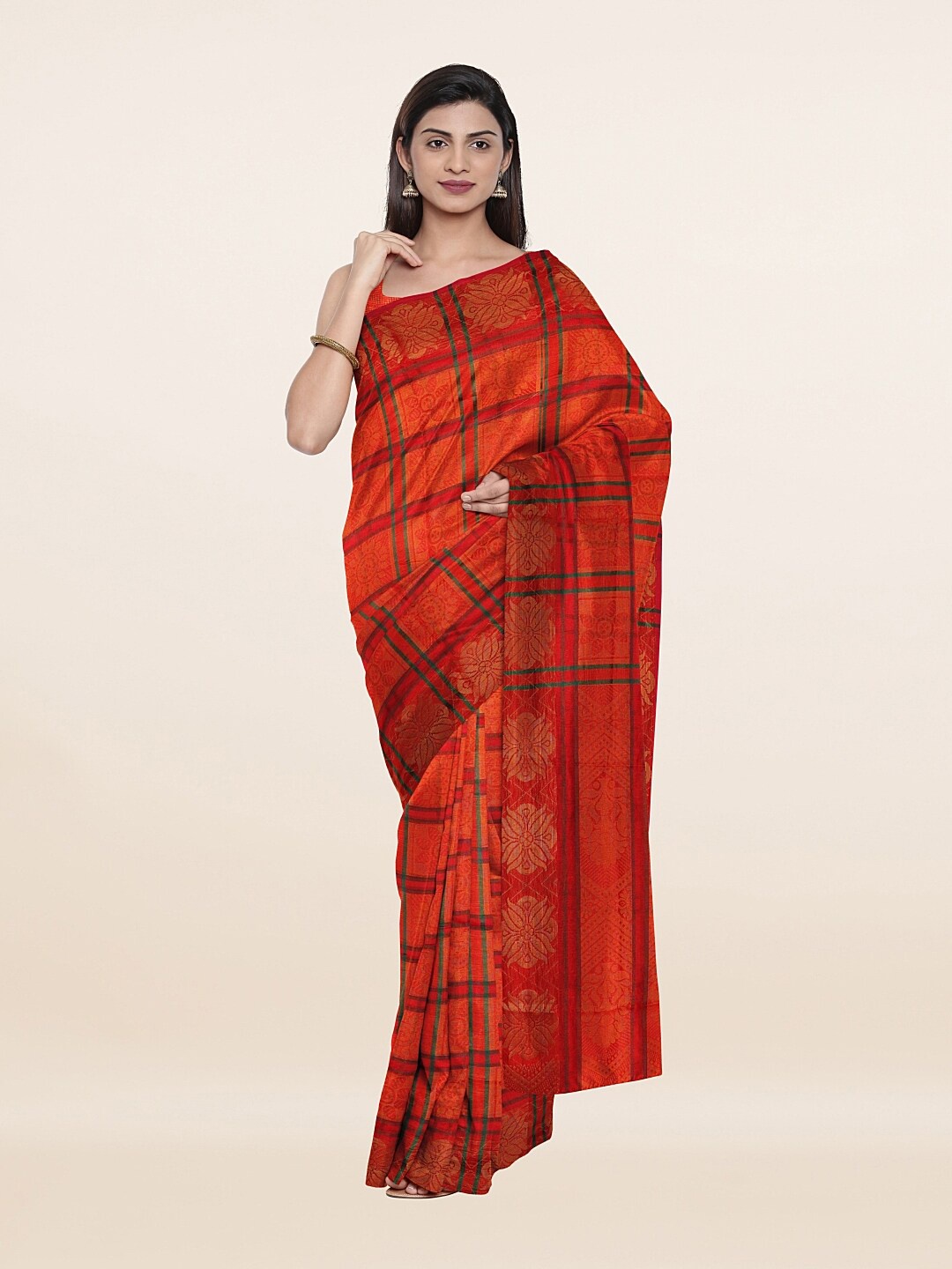 

Pothys Red & Green Checked Zari Saree