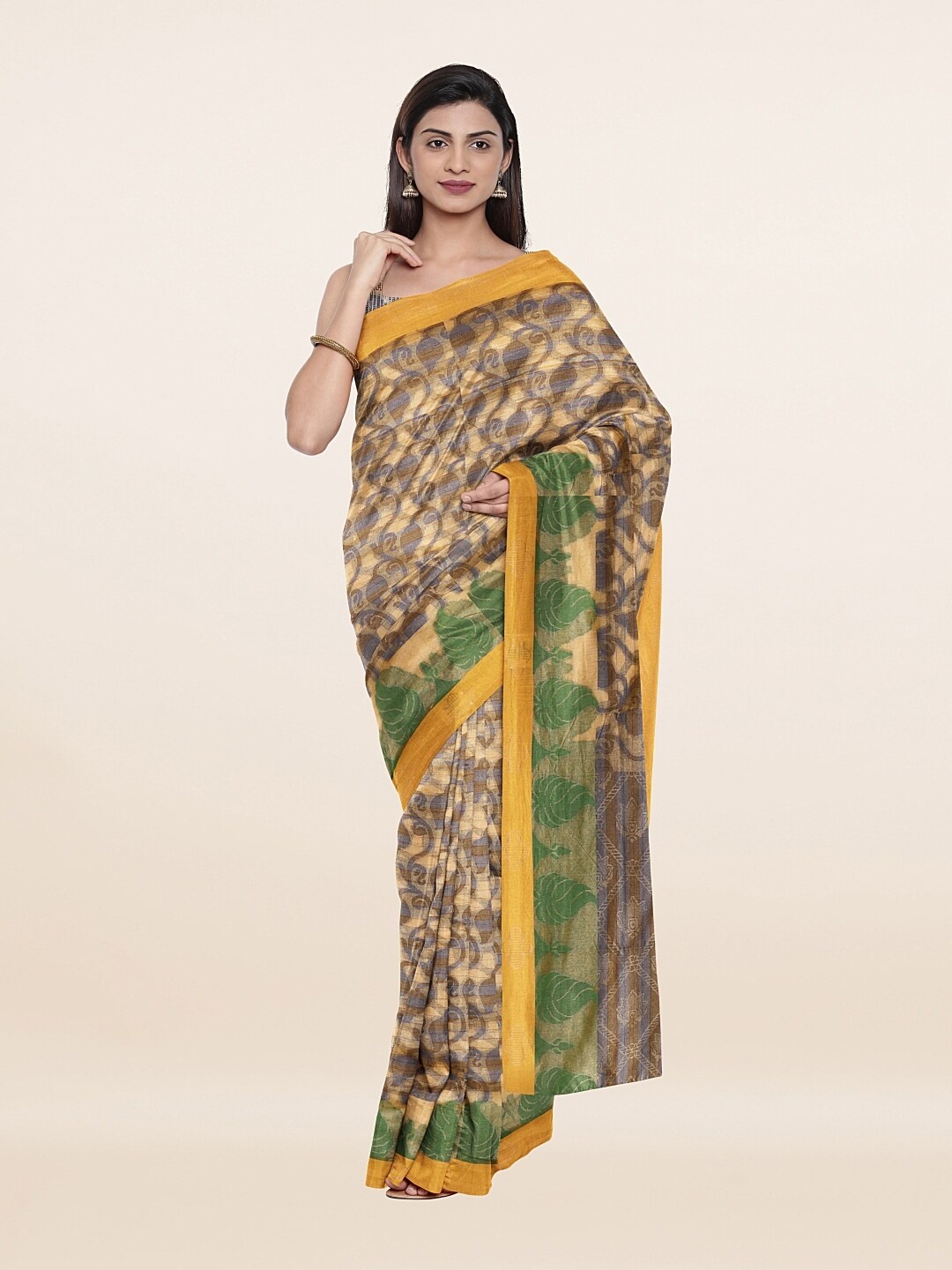 

Pothys Cream-Coloured & Green Floral Saree
