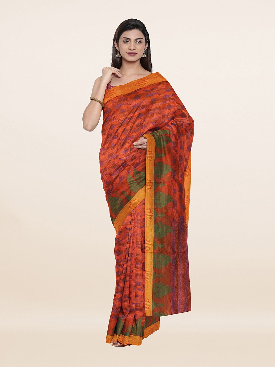 

Pothys Pink & Green Cotton Blend Floral Printed Saree