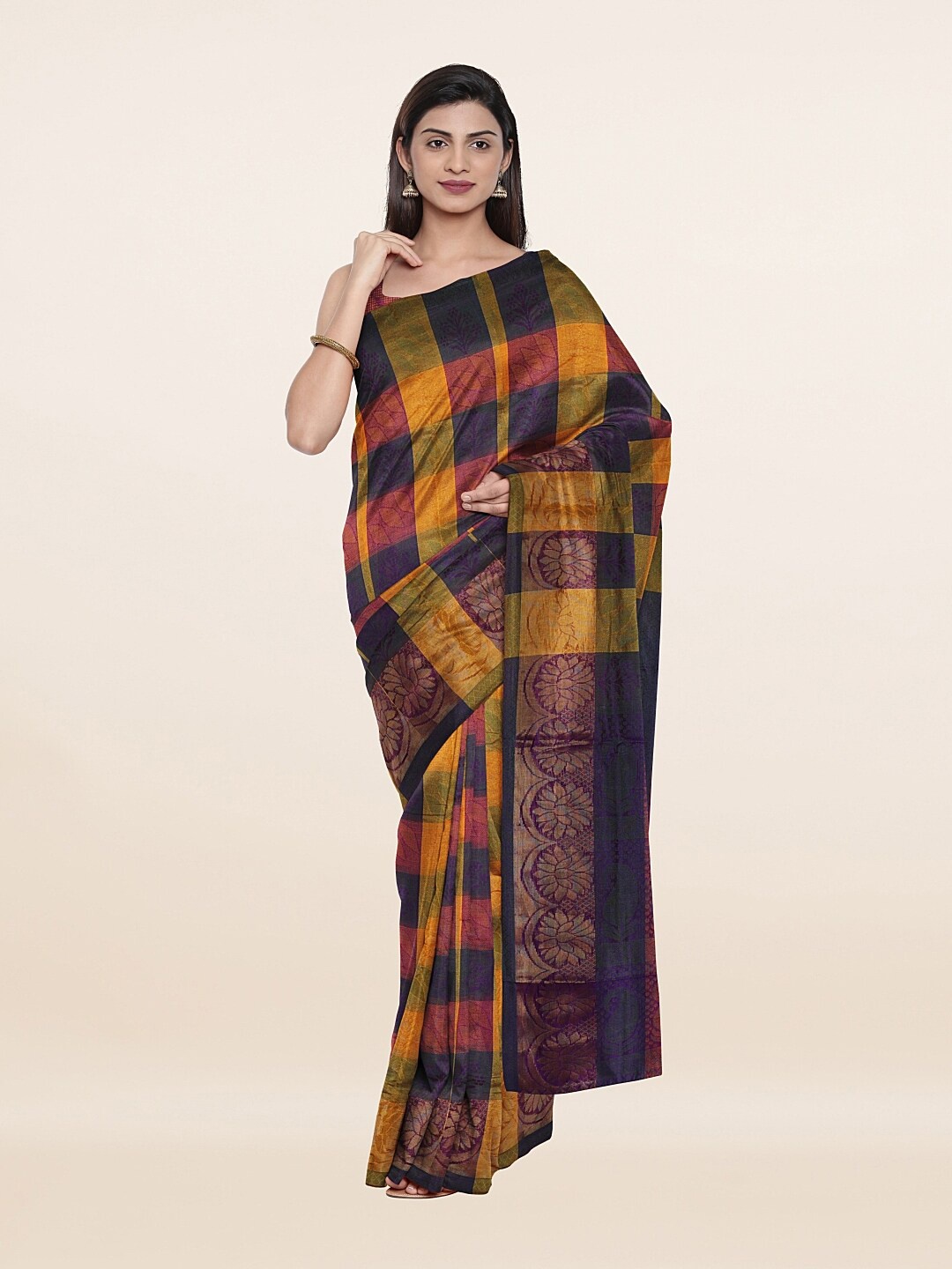 

Pothys Yellow & Pink Checked Zari Saree