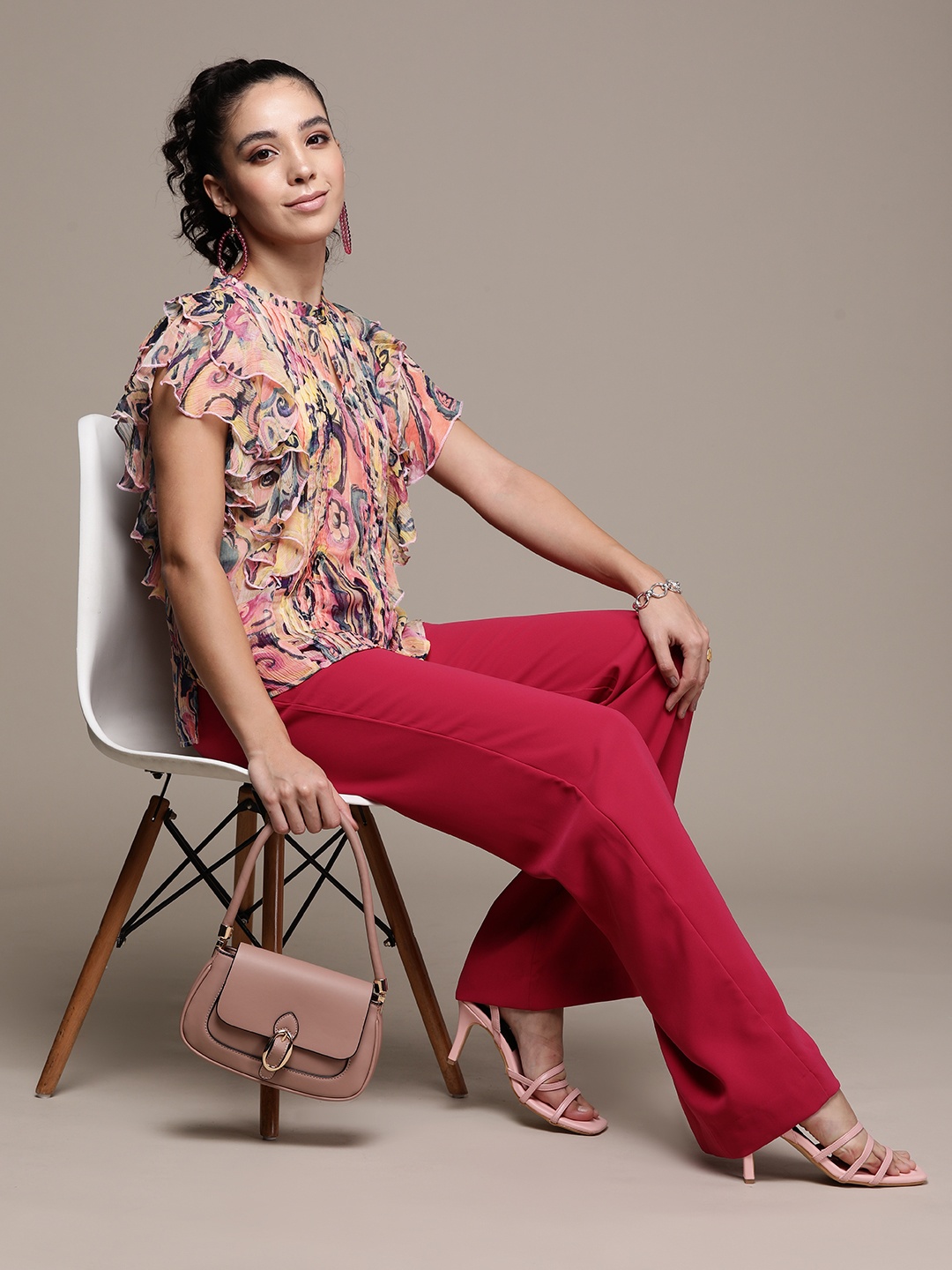 

Label Ritu Kumar Multicoloured Printed Keyhole Neck Ruffles Chiffon Top with Camisole, Multi