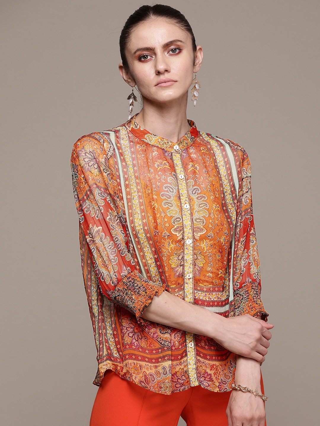 

Label Ritu Kumar Women Orange Printed Casual Shirt with Camisole