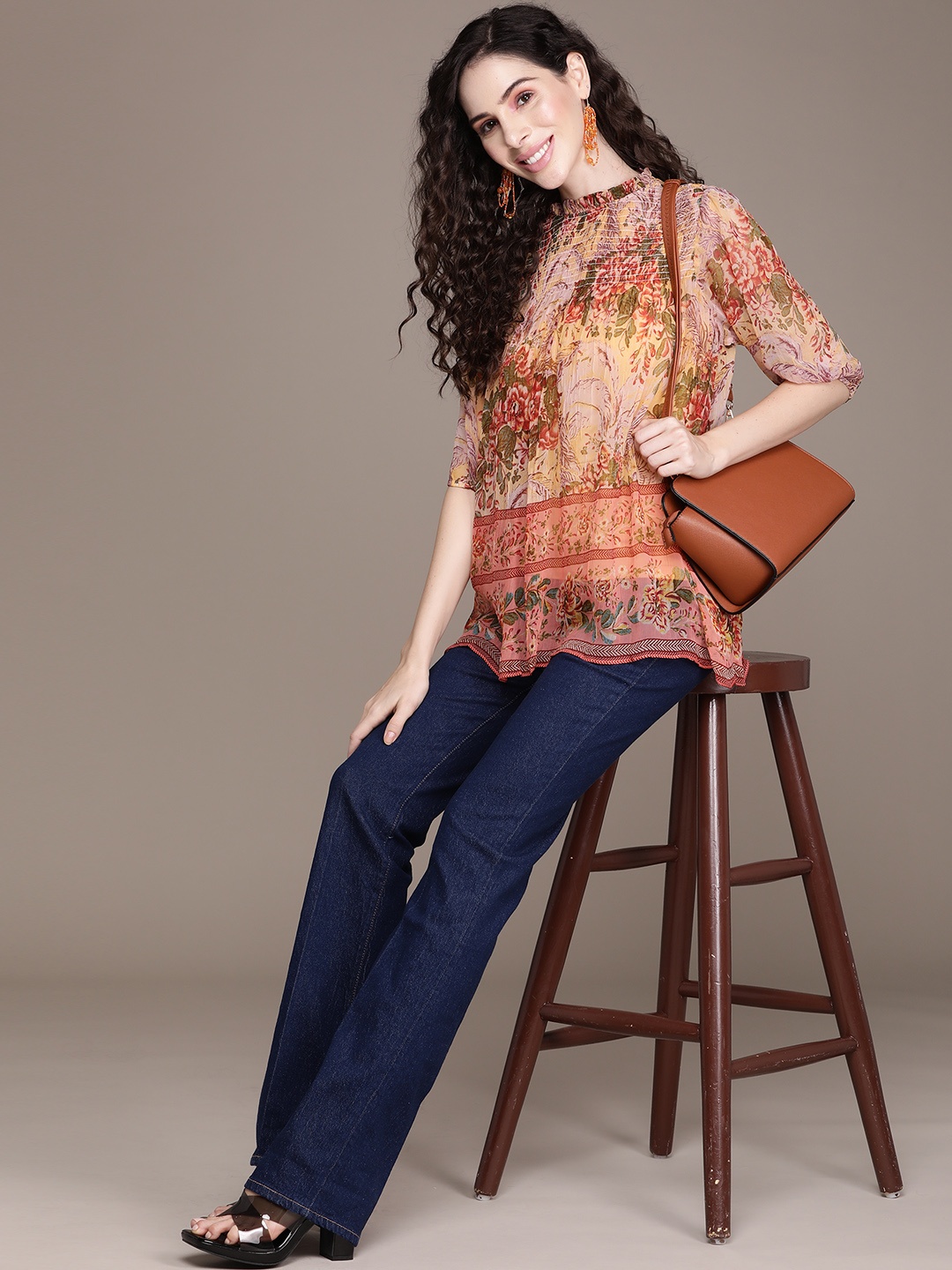

Label Ritu Kumar Peach-Coloured & Green Floral Print Mandarin Collar Chiffon Top