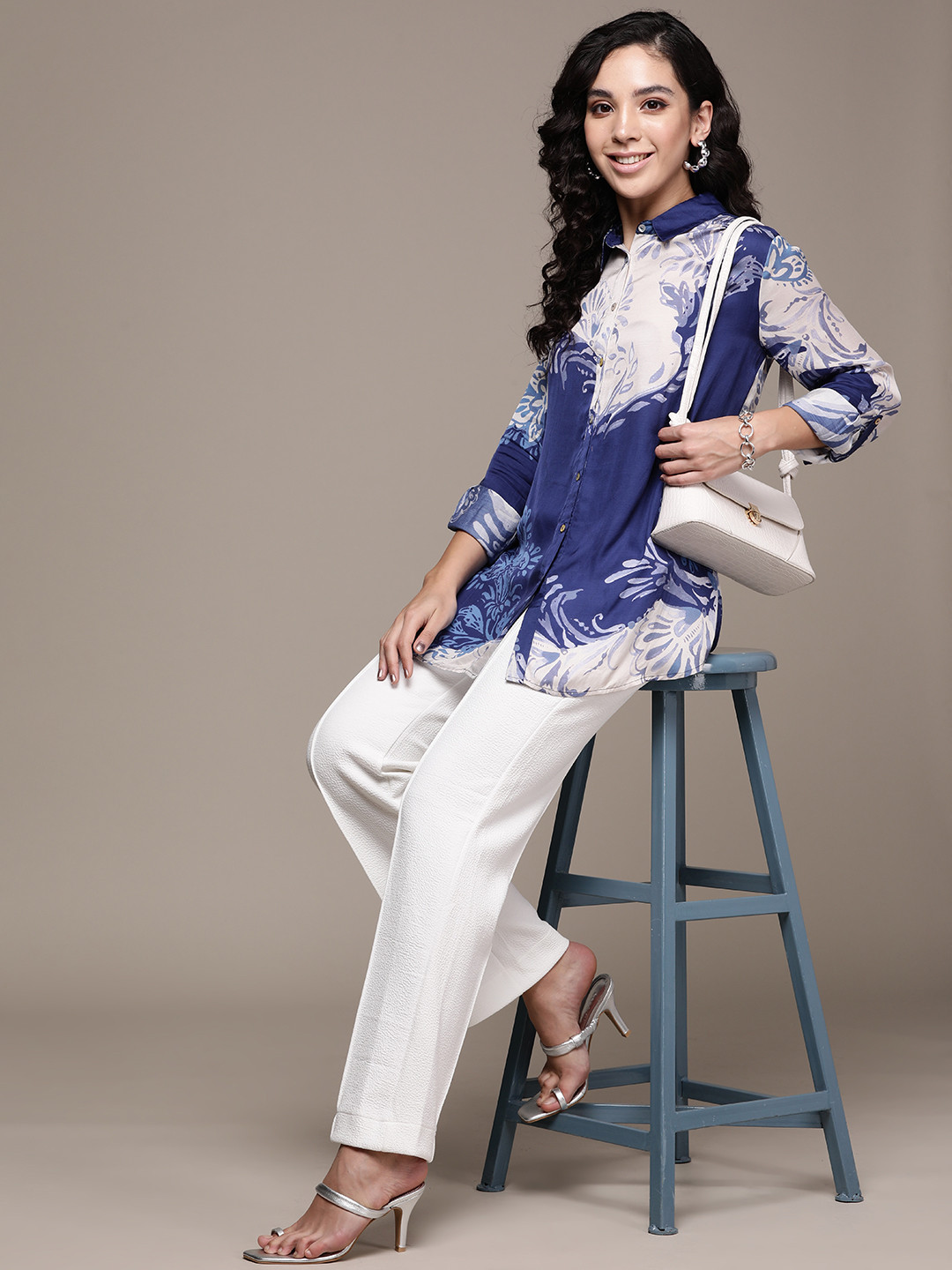 

Label Ritu Kumar Women Blue Floral Printed Casual Shirt