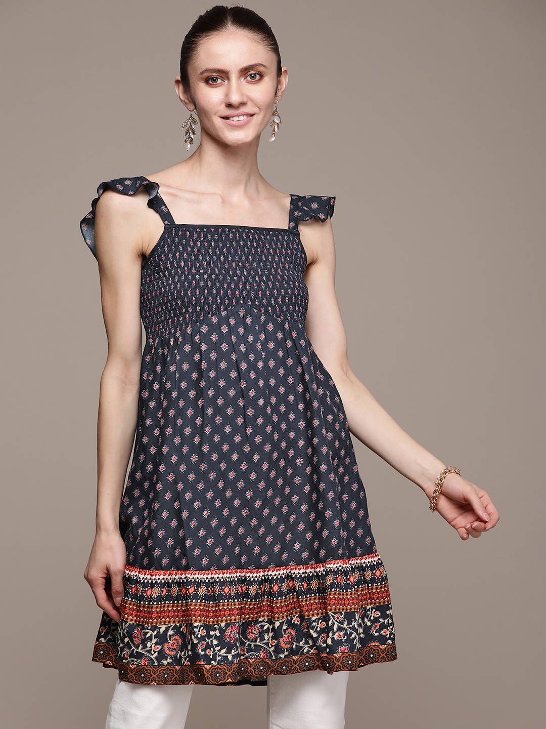 

Label Ritu Kumar Navy Blue Print Empire Longline Top