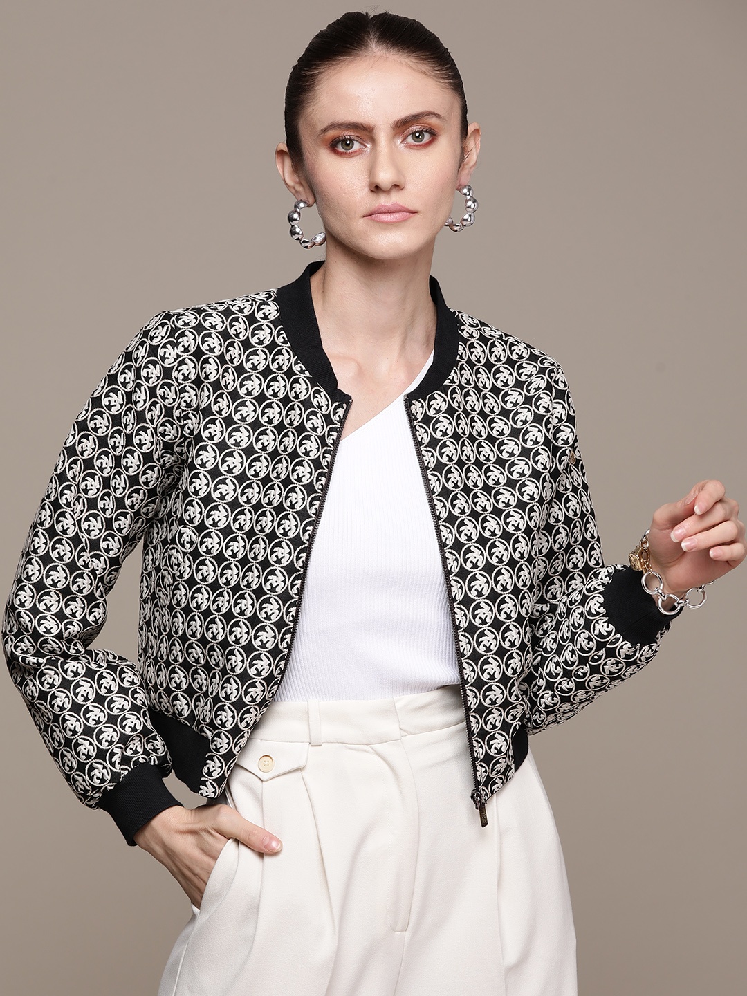 

Label Ritu Kumar Women Black White Geometric Tailored Jacket