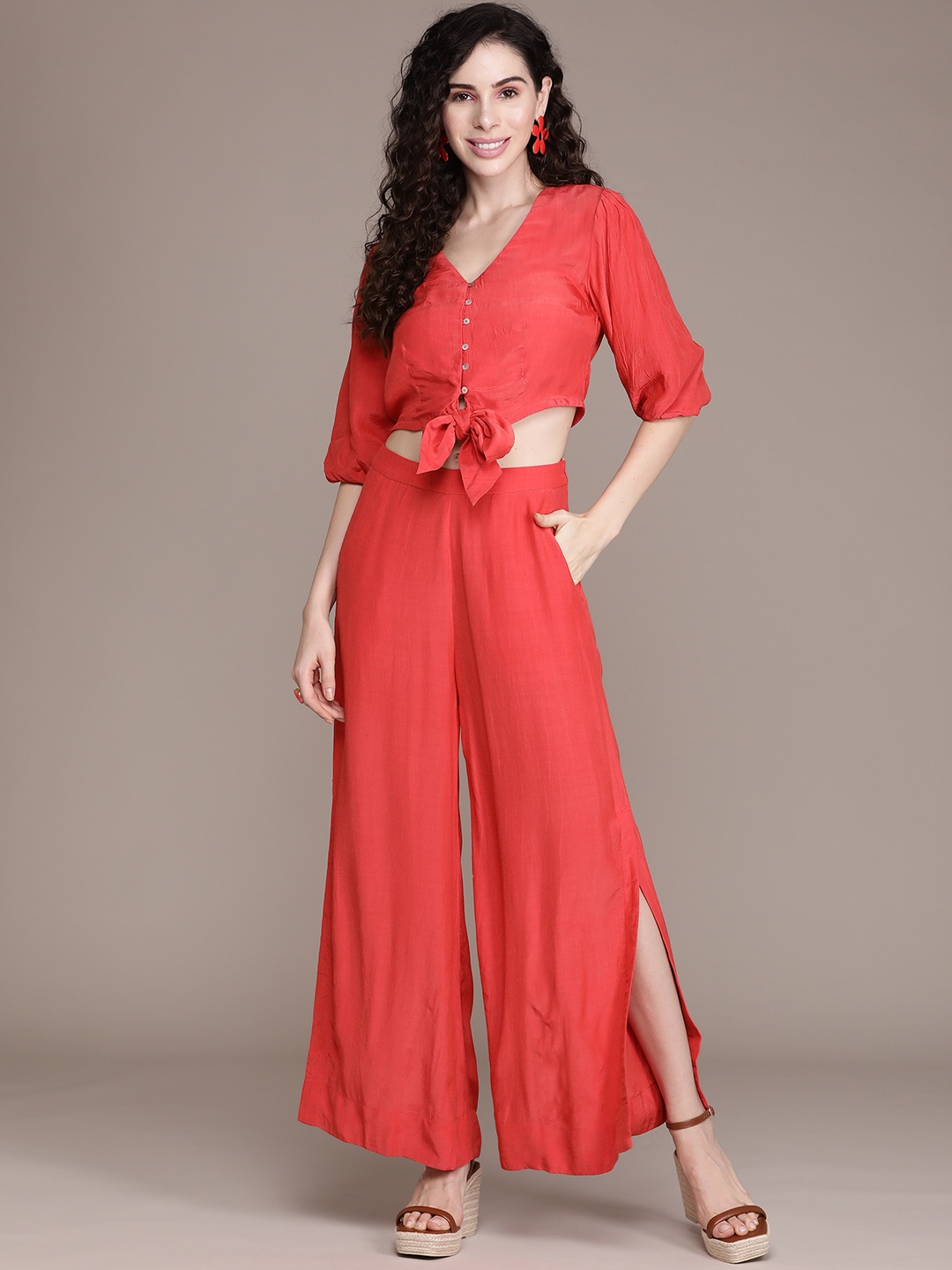 

Label Ritu Kumar Women Coral Red Solid Co-Ord Set