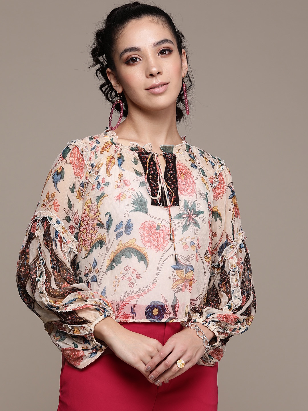 

Label Ritu Kumar Multicoloured Floral Print Tie-Up Neck Chiffon Top with Camisole, Multi