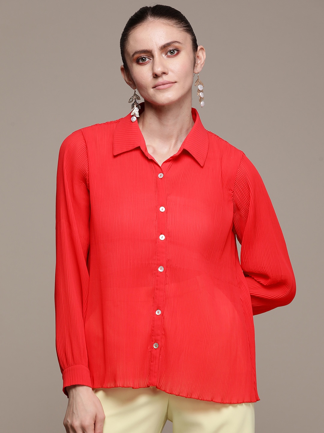 

Label Ritu Kumar Women Red Solid Casual Shirt