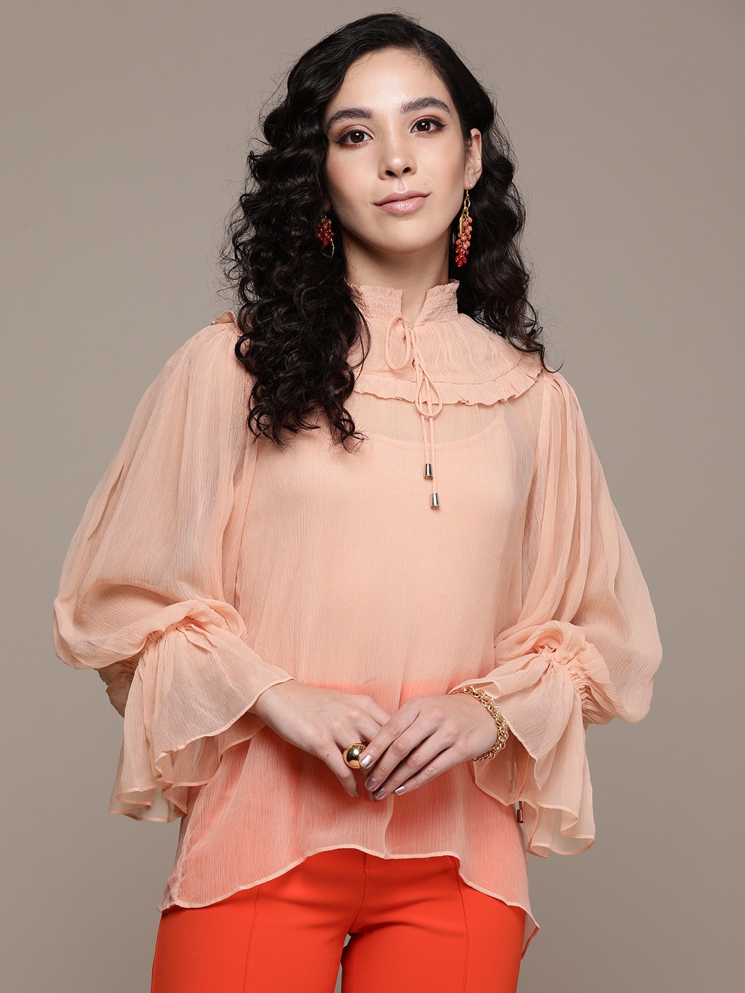 

Label Ritu Kumar Women Peach-Coloured Chiffon Top with Camisole