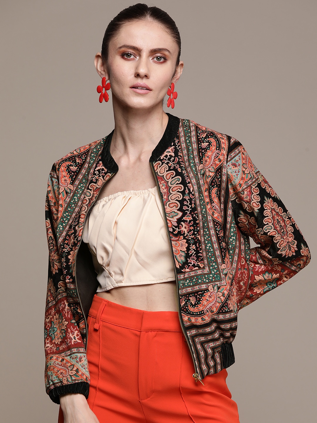

Label Ritu Kumar Women Black & Orange Printed Tailored Jacket