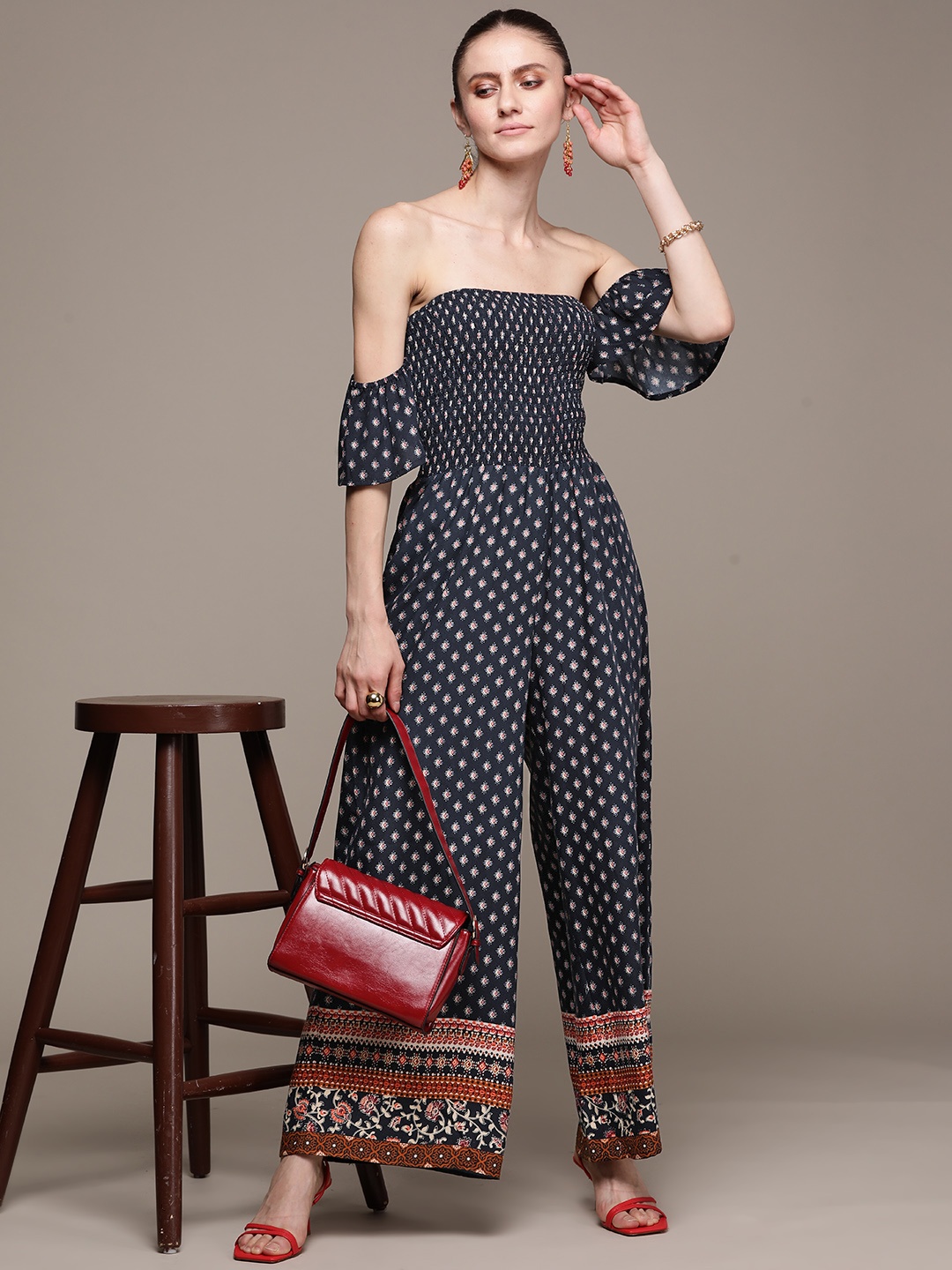 

Label Ritu Kumar Navy Blue & Off White Off-Shoulder Printed Basic Jumpsuit