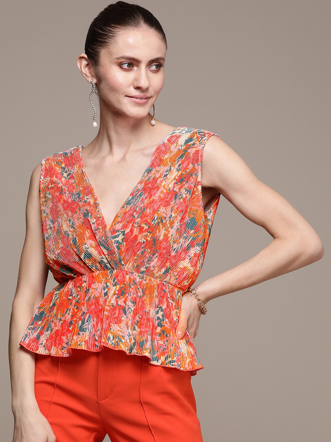 

Label Ritu Kumar Orange & Teal Floral Print Satin Peplum Top