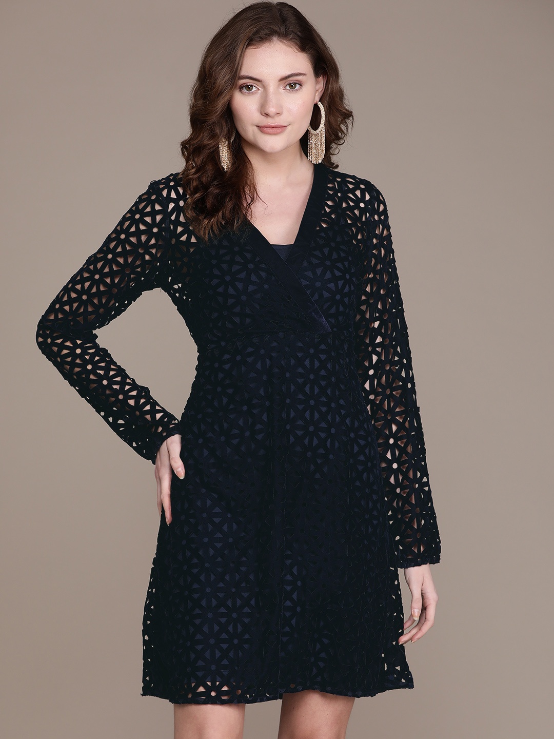 

Label Ritu Kumar Navy Blue A-Line Cutout Dress & Camisole