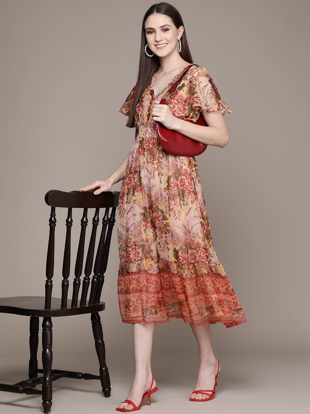 

Label Ritu Kumar Peach-Coloured Floral Chiffon Midi Dress