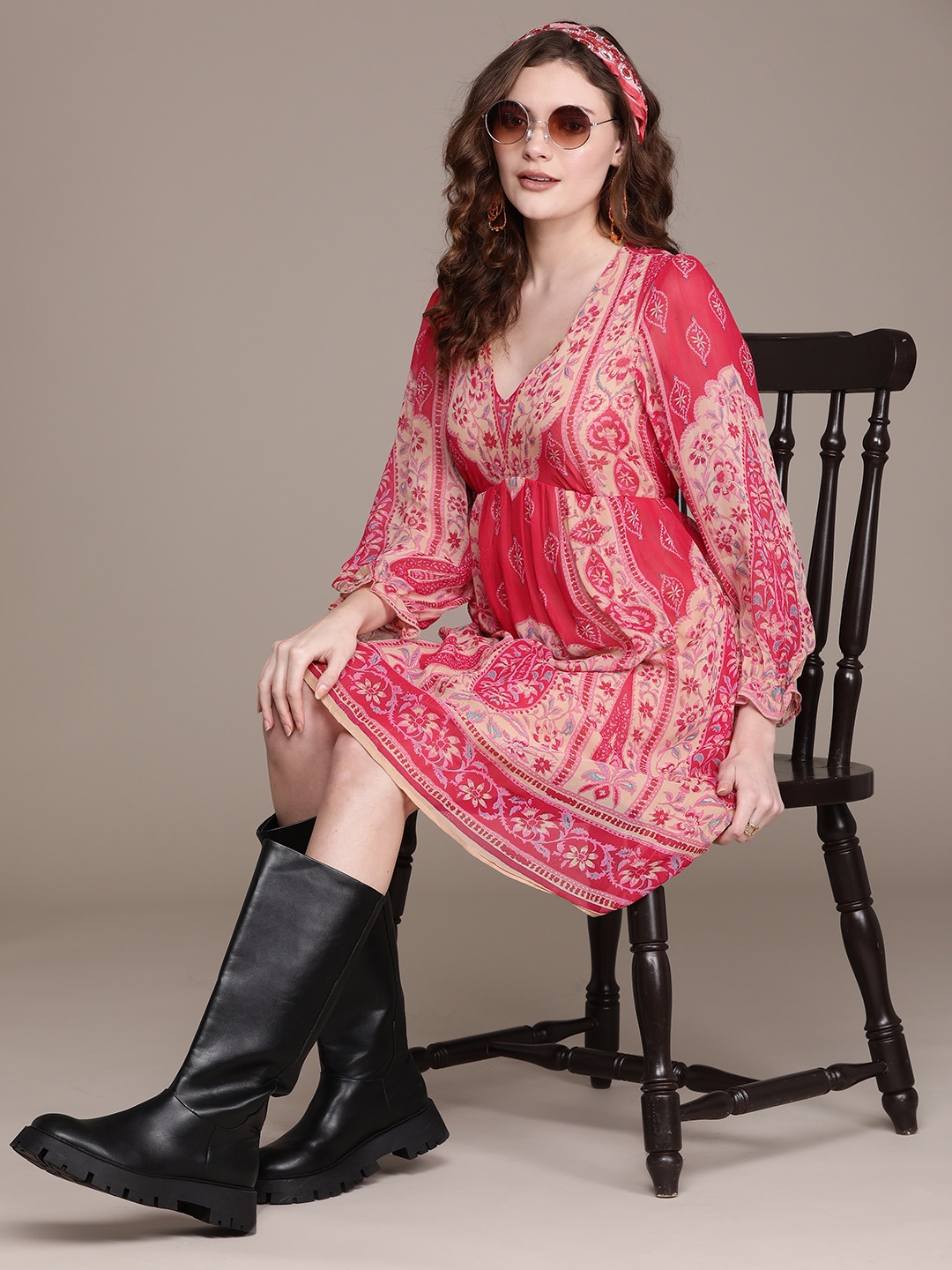 Label Ritu Kumar Red & Cream-Coloured Ethnic Motifs A-Line Dress