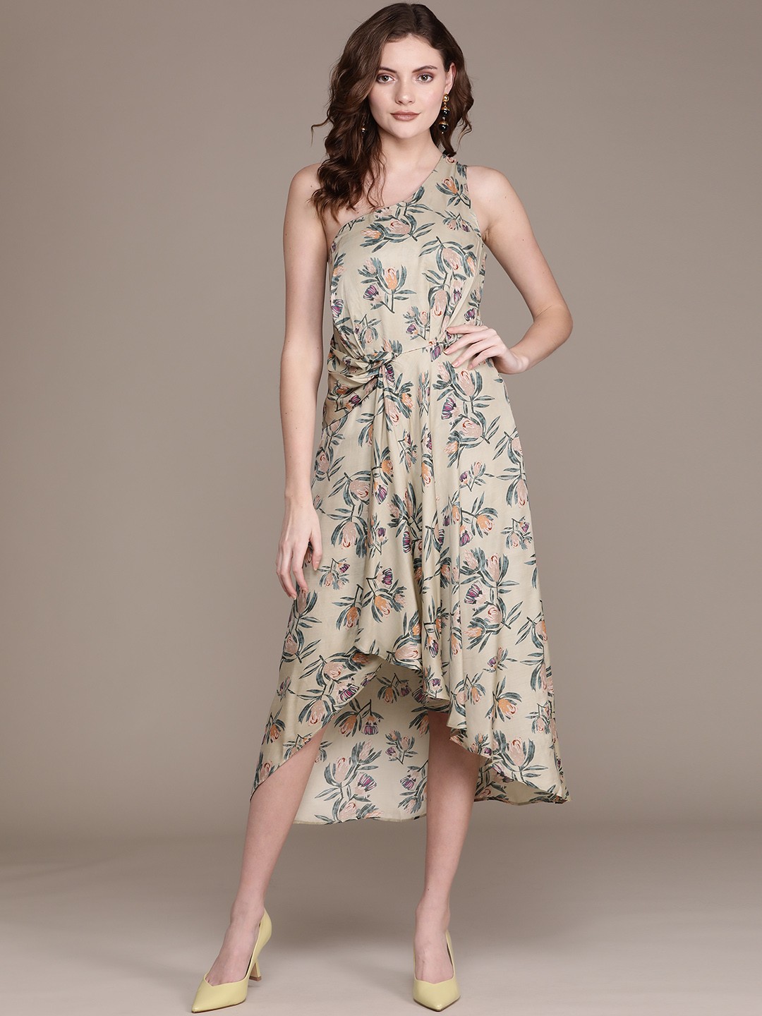 

Label Ritu Kumar Beige & Green Floral One Shoulder Satin A-Line Midi Dress