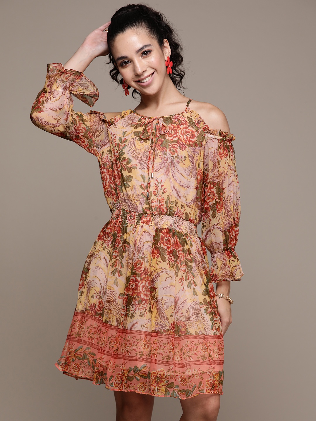 

Label Ritu Kumar Peach-Coloured & Beige Ethnic Motifs Printed Chiffon A-Line Dress