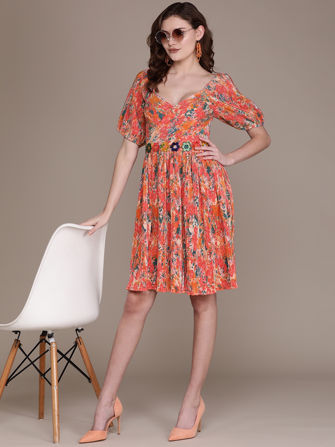 

Label Ritu Kumar Orange & Green Printed A-Line Dress