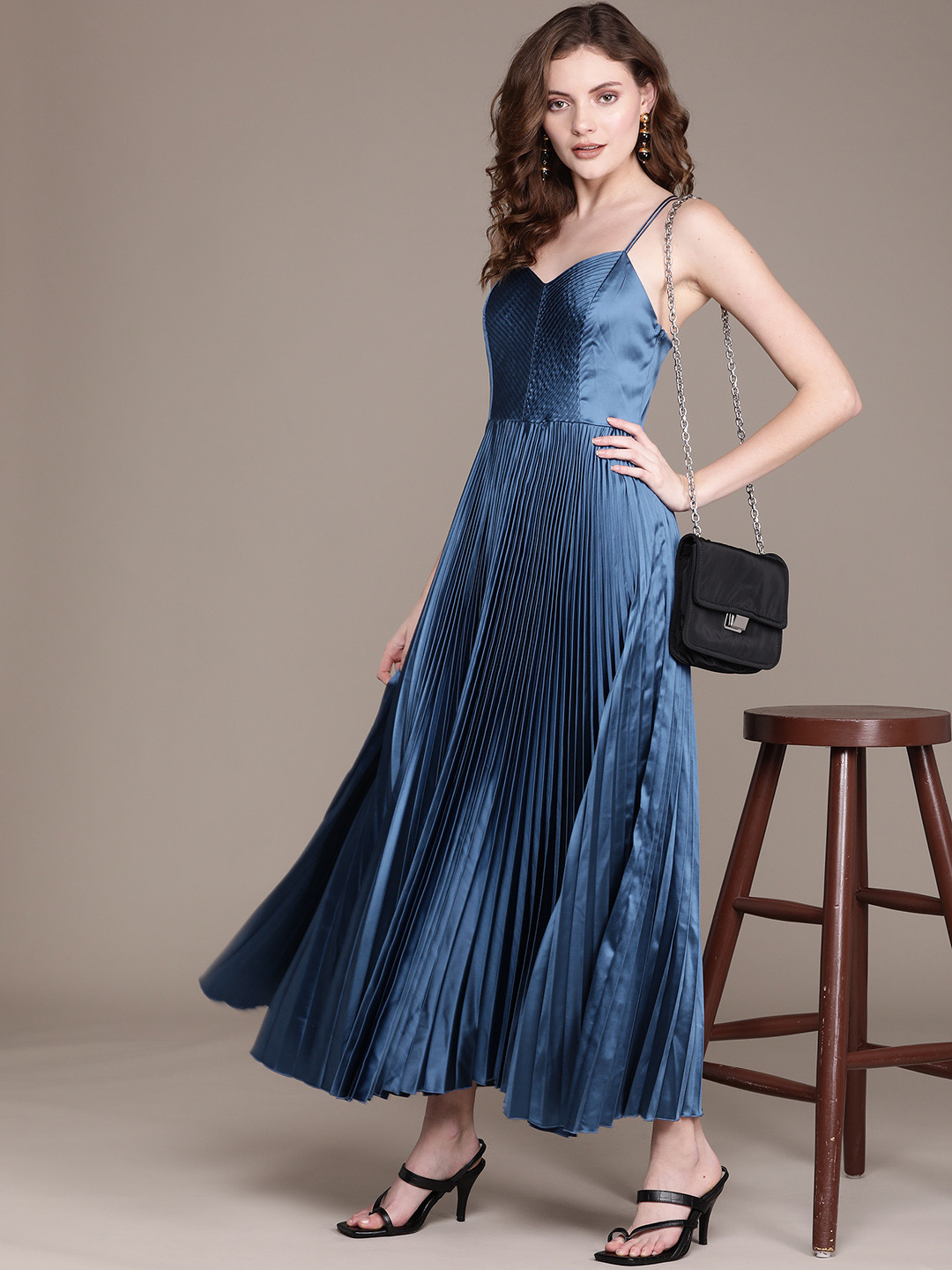 

Label Ritu Kumar Teal Blue Accordion Pleated Satin Maxi Dress