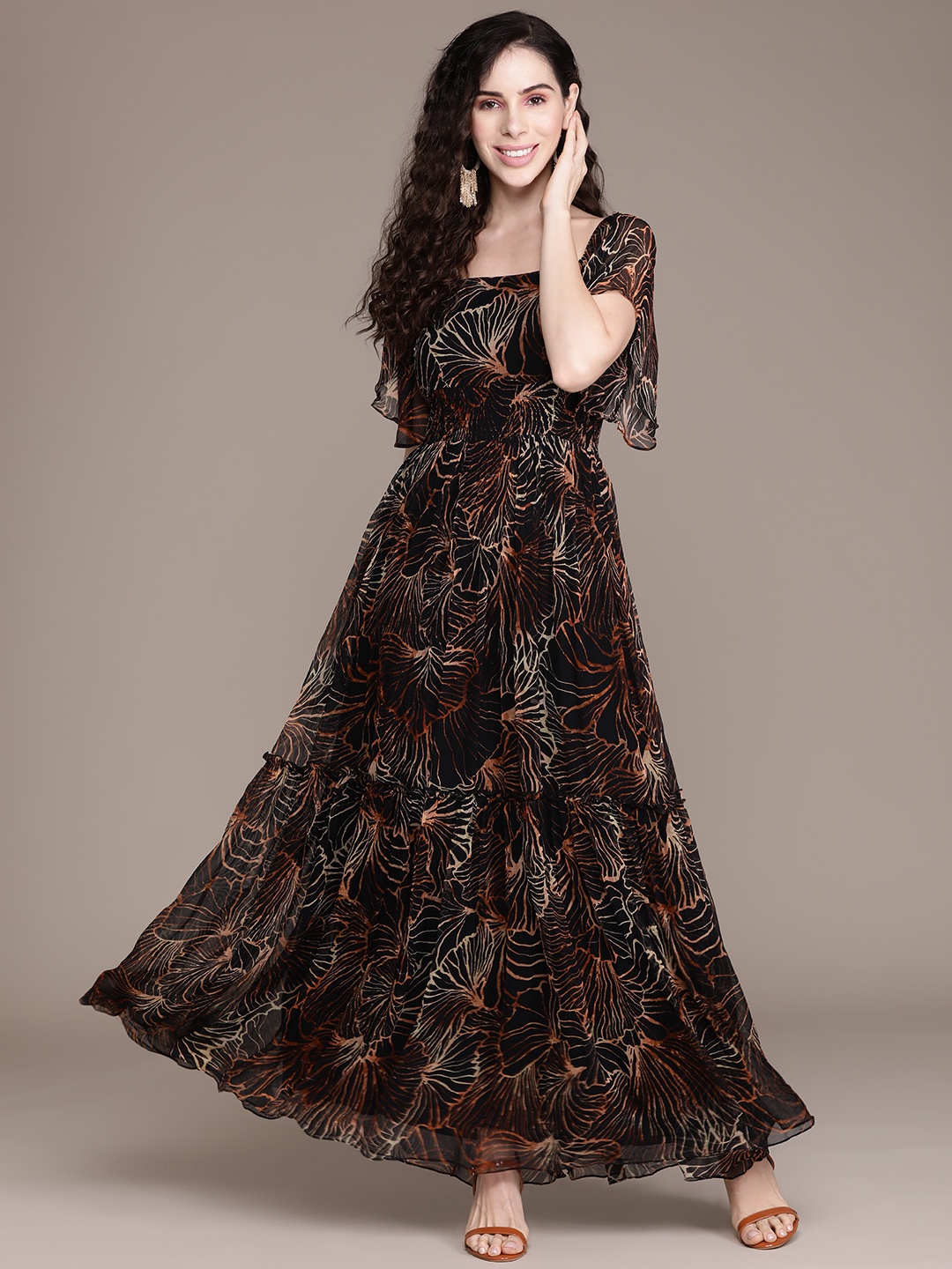 Label Ritu Kumar Black & Beige Floral Print Chiffon Maxi Dress