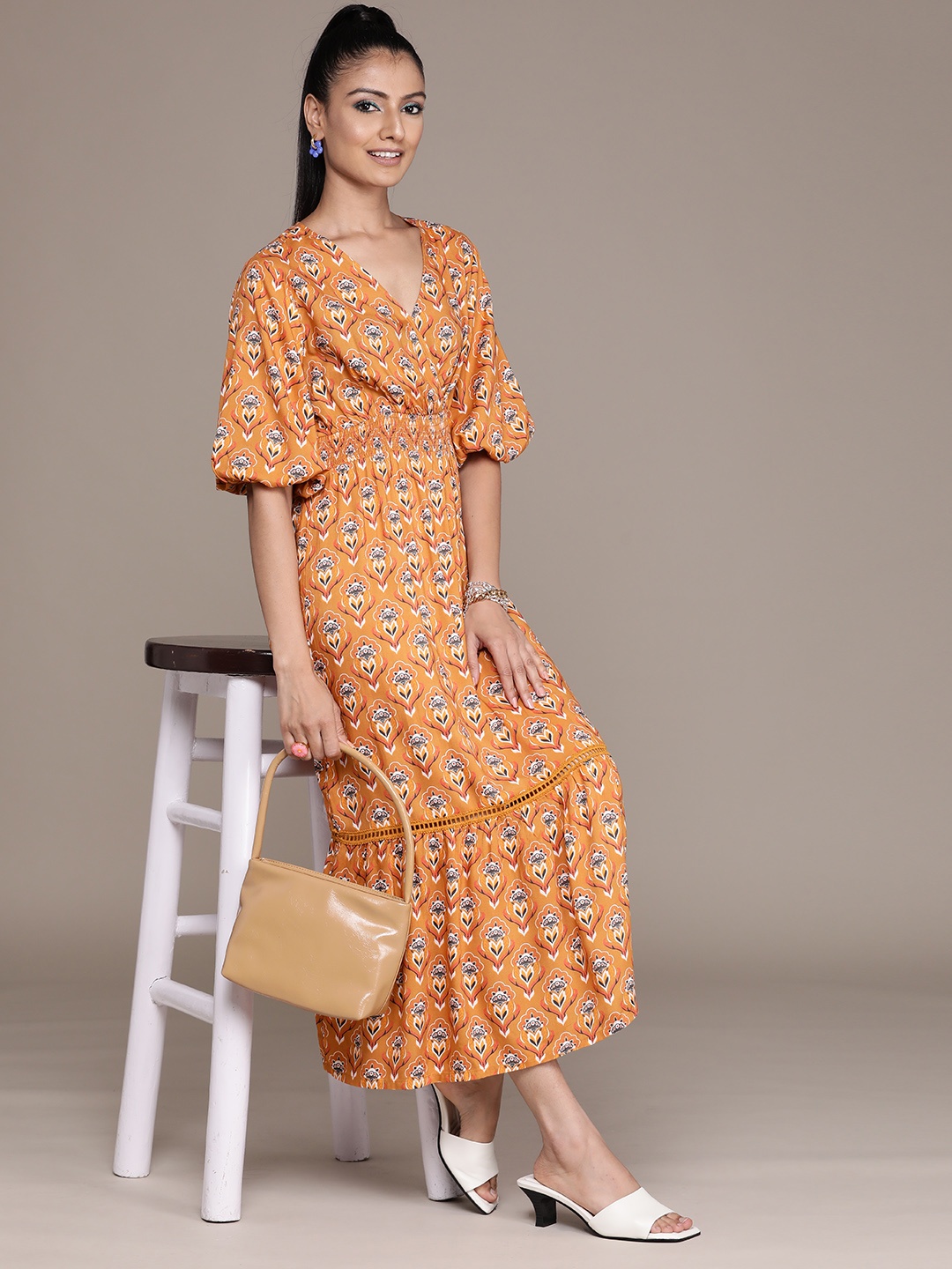 

Label Ritu Kumar Brown & White Ethnic Motifs Printed Maxi Dress