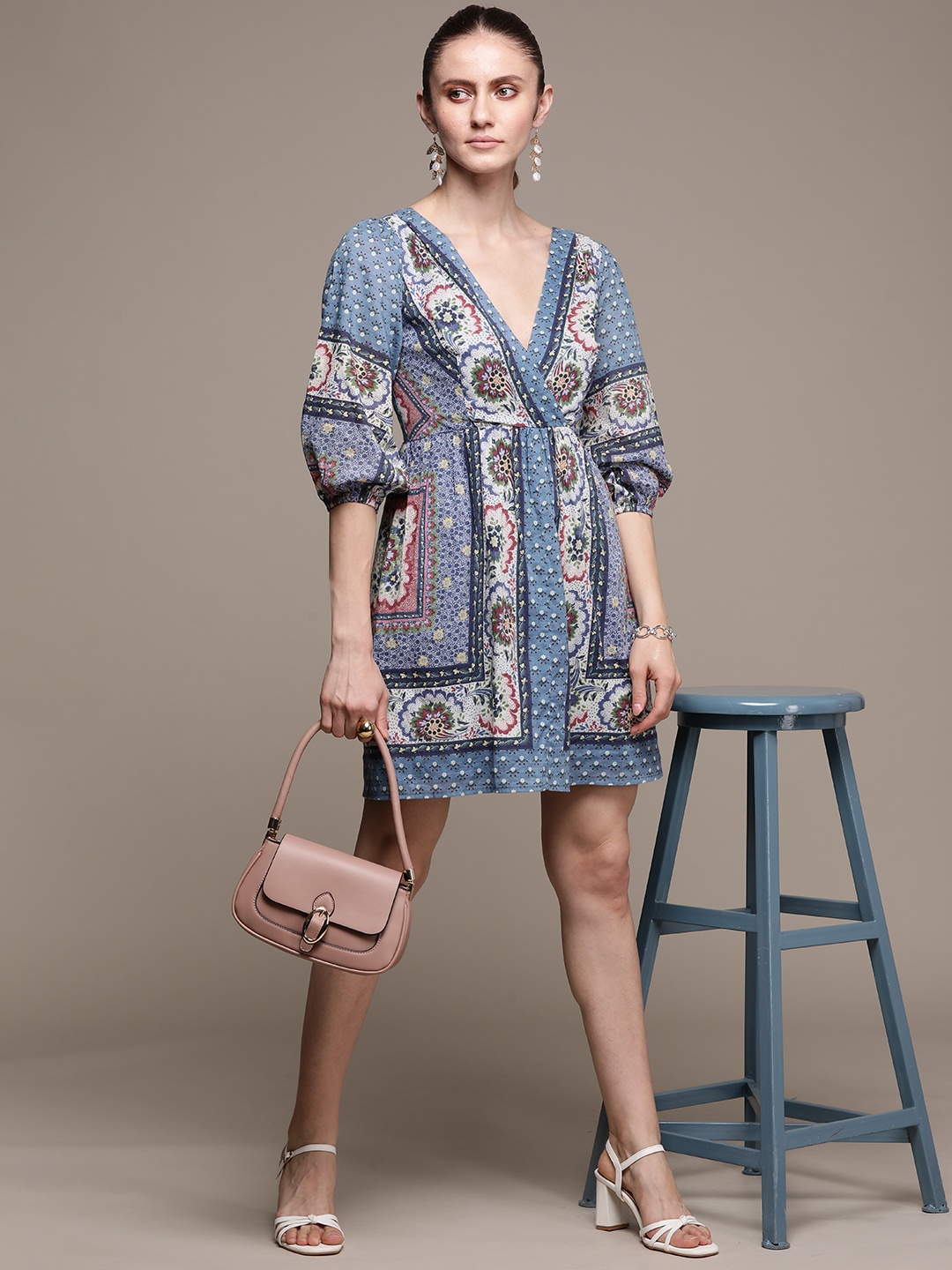 

Label Ritu Kumar Blue & White Ethnic Motifs Printed A-Line Dress
