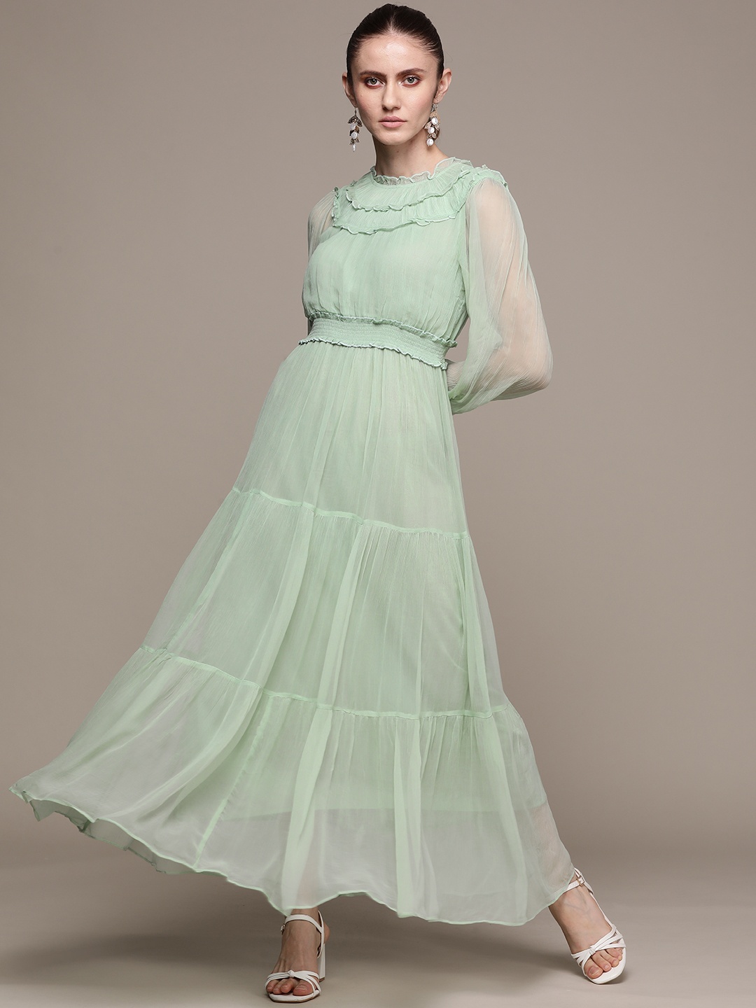 

Label Ritu Kumar Green Solid Tiered Chiffon A-Line Maxi Dress