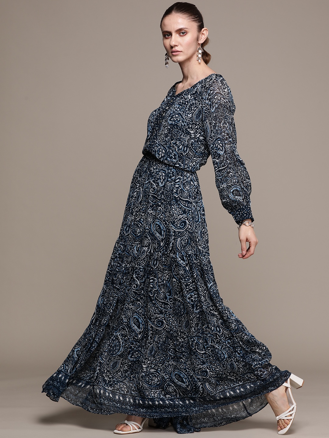 

Label Ritu Kumar Navy Blue & White Ethnic Motifs Printed Georgette Maxi Dress