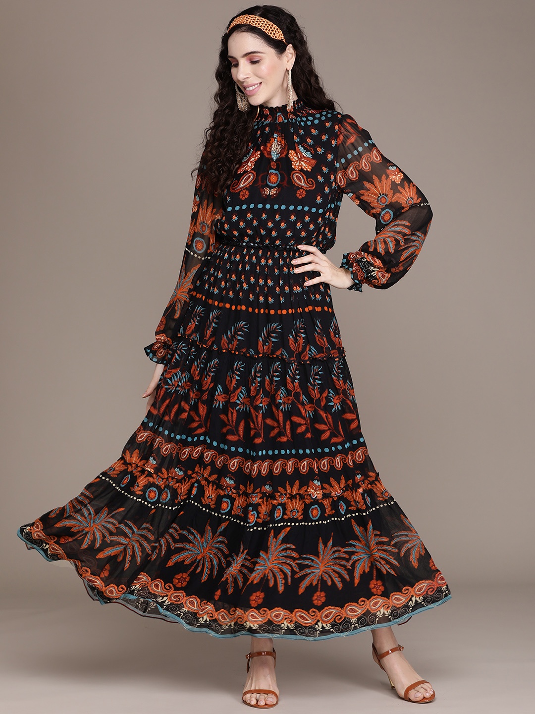 

Label Ritu Kumar Black & Orange Ethnic Motif Print High Neck Maxi Dress