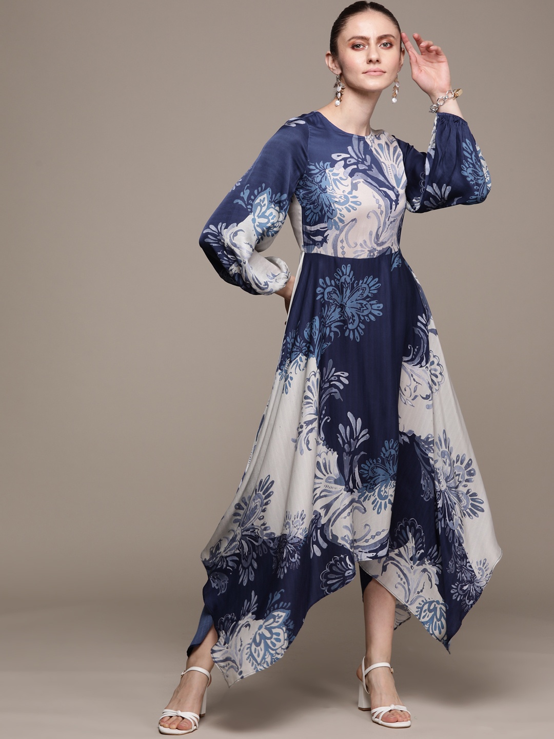 

Label Ritu Kumar Blue & White Floral Printed Satin A-Line Maxi Dress