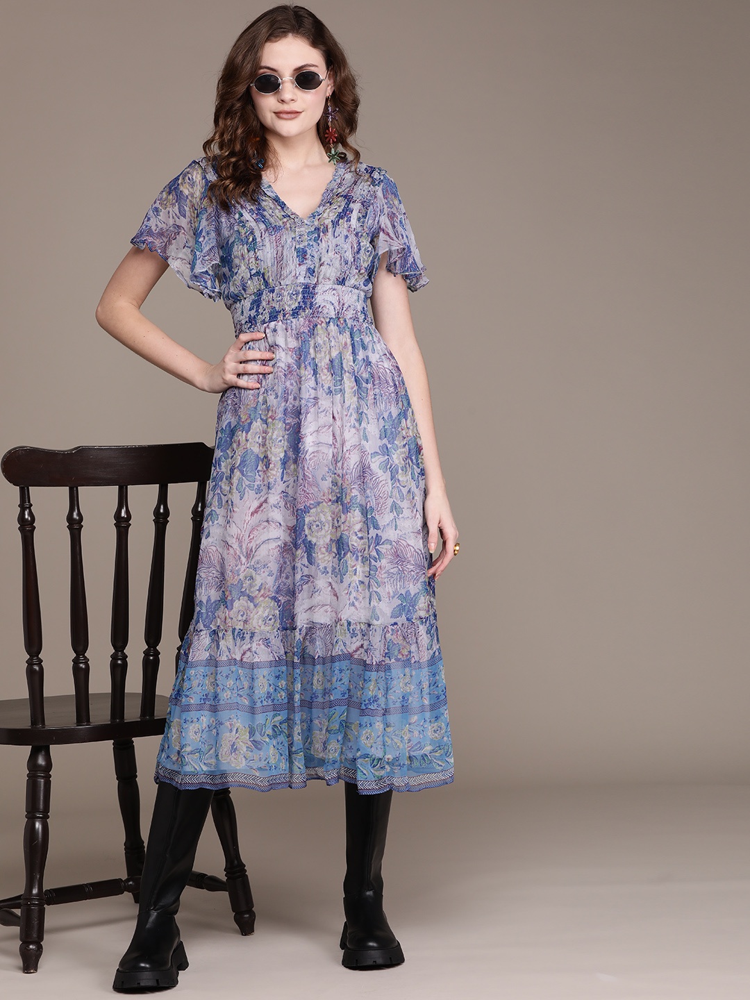 

Label Ritu Kumar Blue Floral Print Chiffon Midi Empire Dress