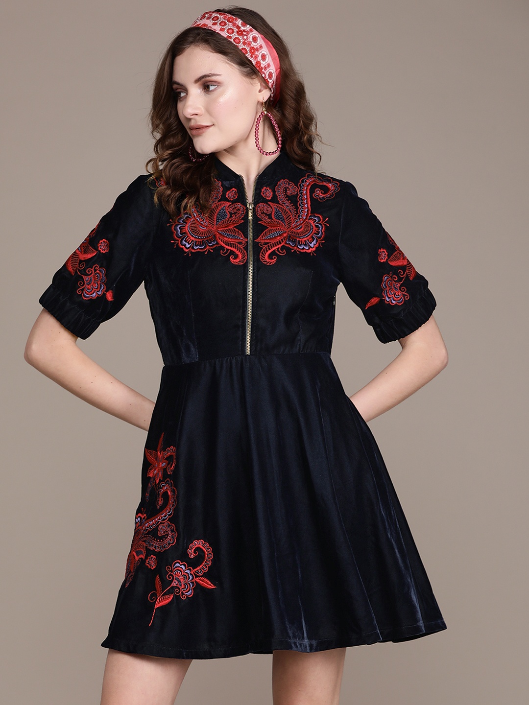 

Label Ritu Kumar Blue & Red Ethnic Motifs Embroidered Velvet A-Line Dress
