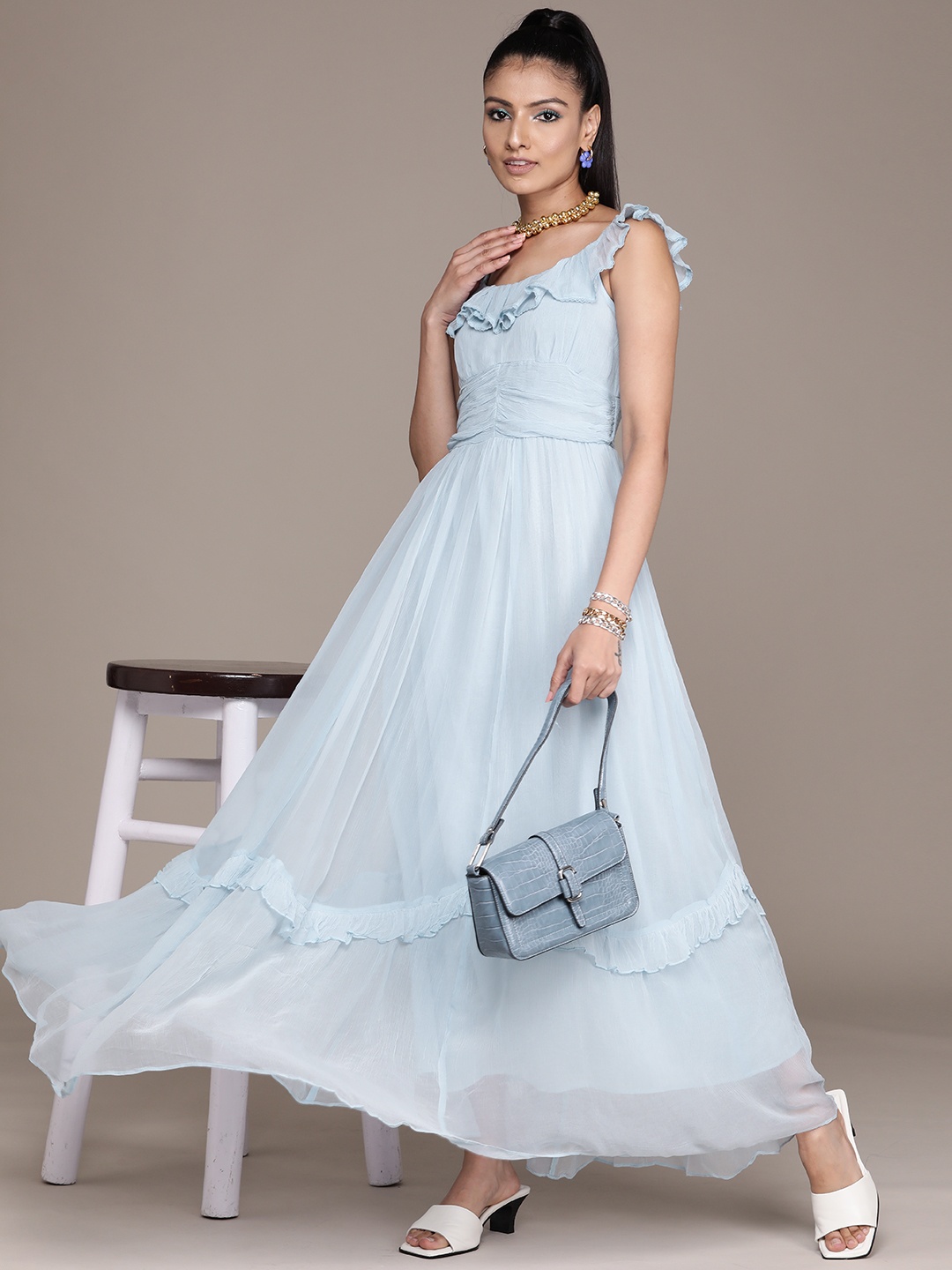 

Label Ritu Kumar Blue Solid Ruffle Chiffon Maxi Dress