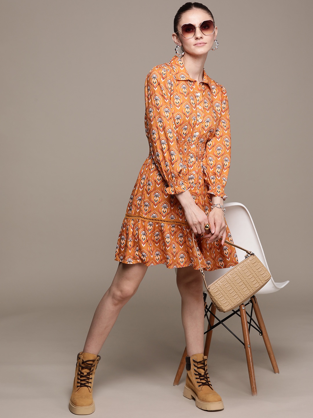 

Label Ritu Kumar Brown & White Ethnic Motifs Printed Shirt Dress