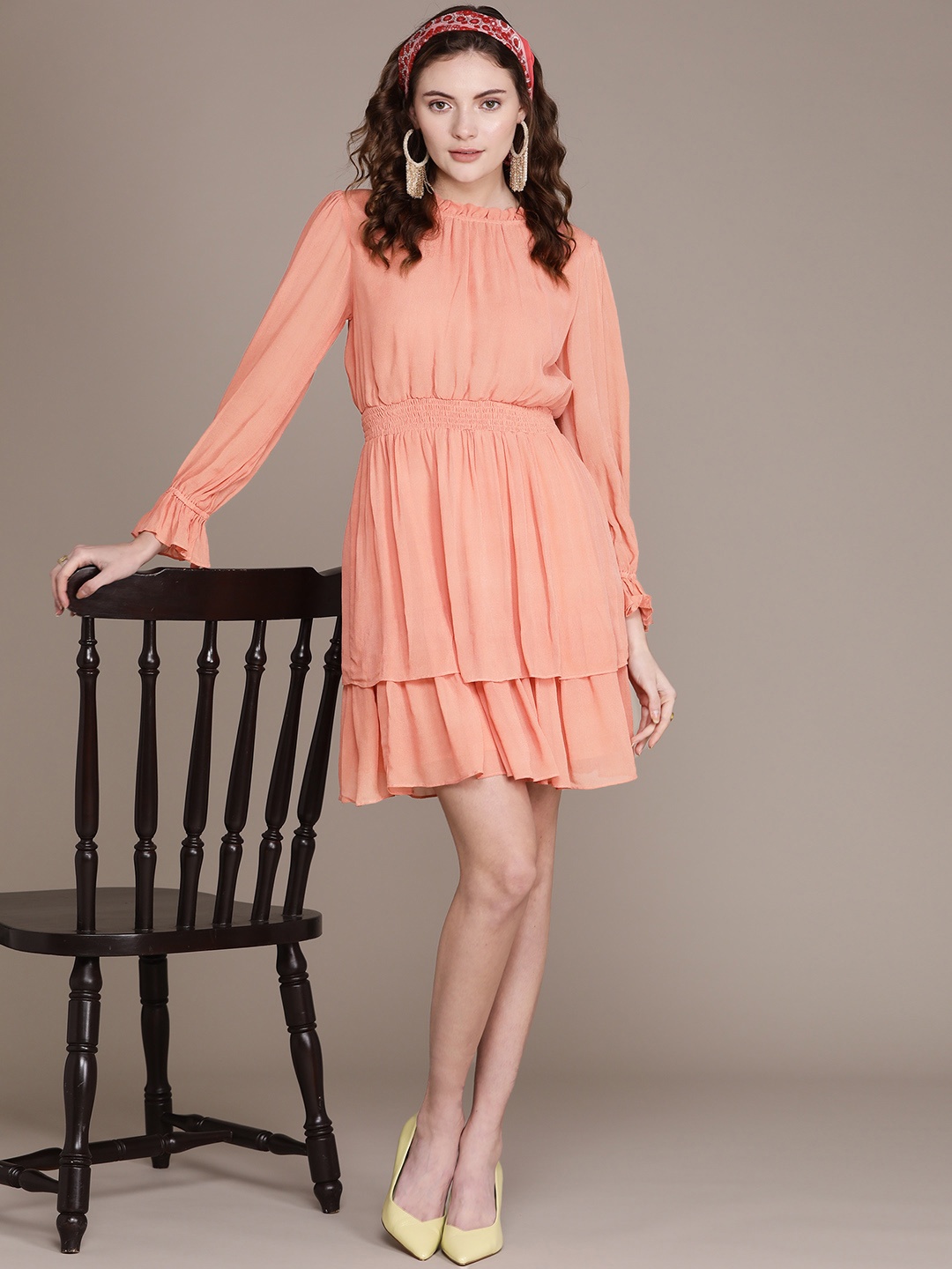 

Label Ritu Kumar Peach-Coloured Solid A-Line Dress