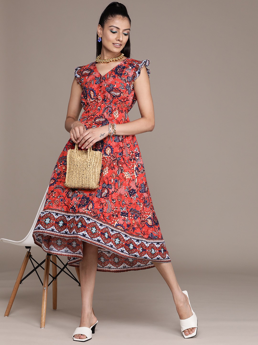 

Label Ritu Kumar Red & Navy Blue Ethnic Motifs Printed A-Line Midi Dress