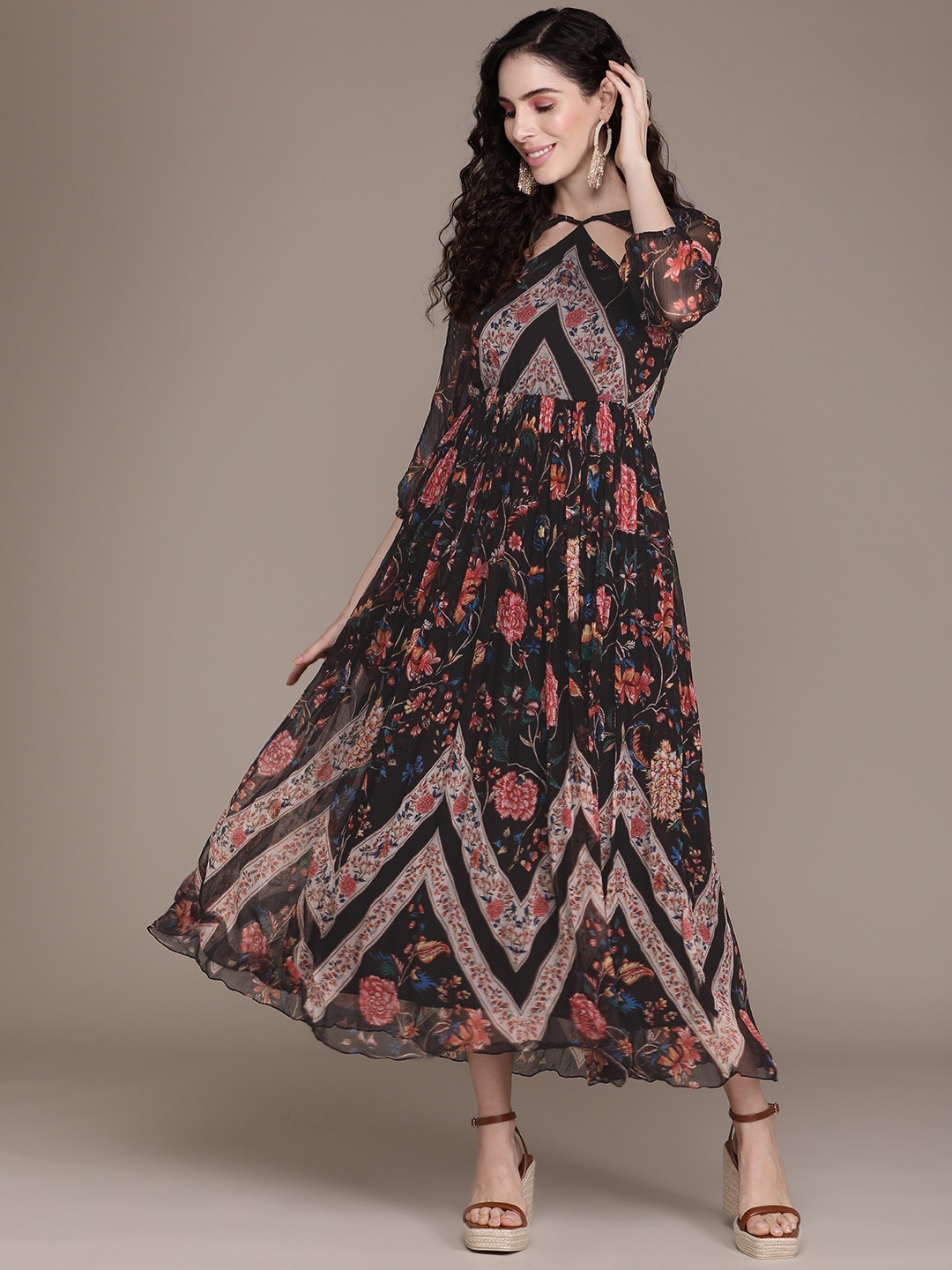 

Label Ritu Kumar Black & Beige Ethnic Motifs Maxi Dress