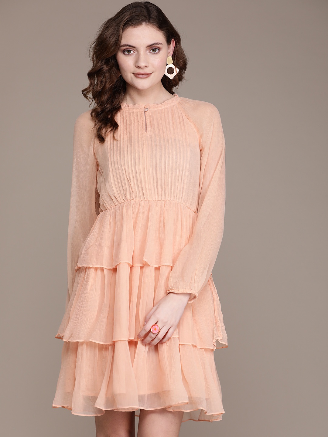 

Label Ritu Kumar Peach-Coloured Solid Keyhole Neck Tiered Chiffon Dress