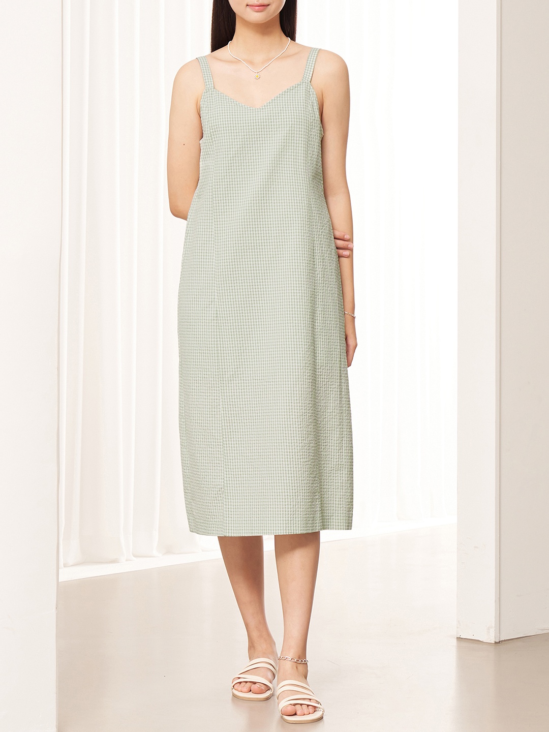 

8seconds Green Checked A-Line Midi Dress