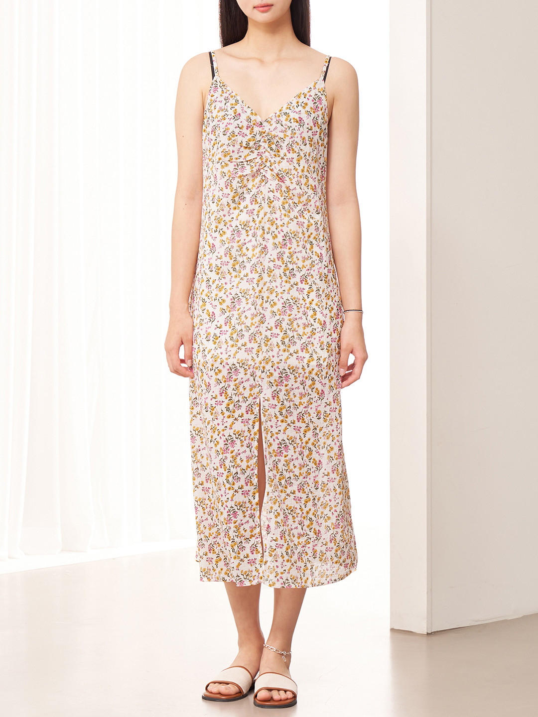 

8seconds Pink & Olive Green Floral Printed A-Line Midi Dress