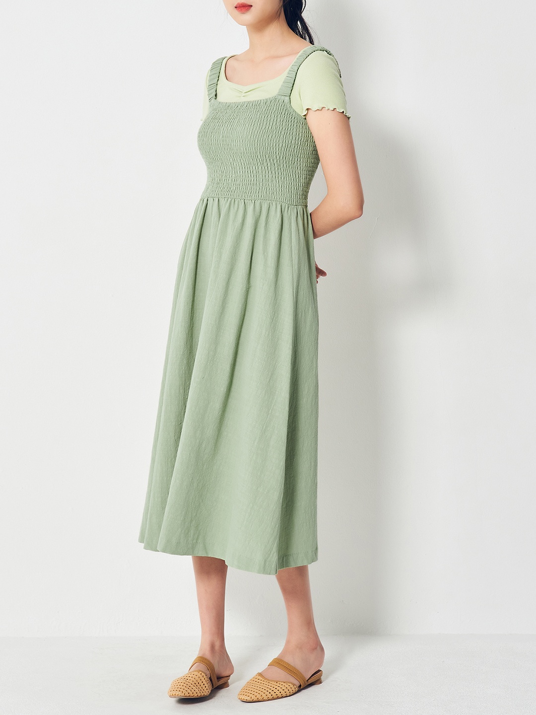 

8seconds Green Solid Smocked Layered Pure Cotton A-Line Midi Dress