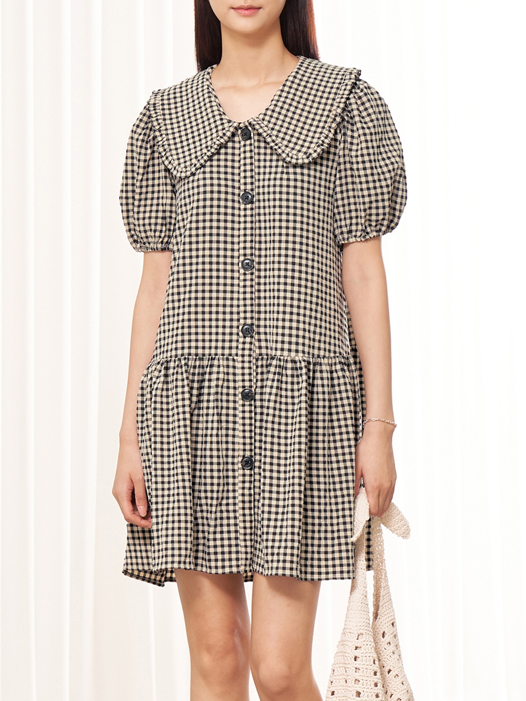 

8seconds Black & Beige Checked Peter Pan Collar A-Line Dress