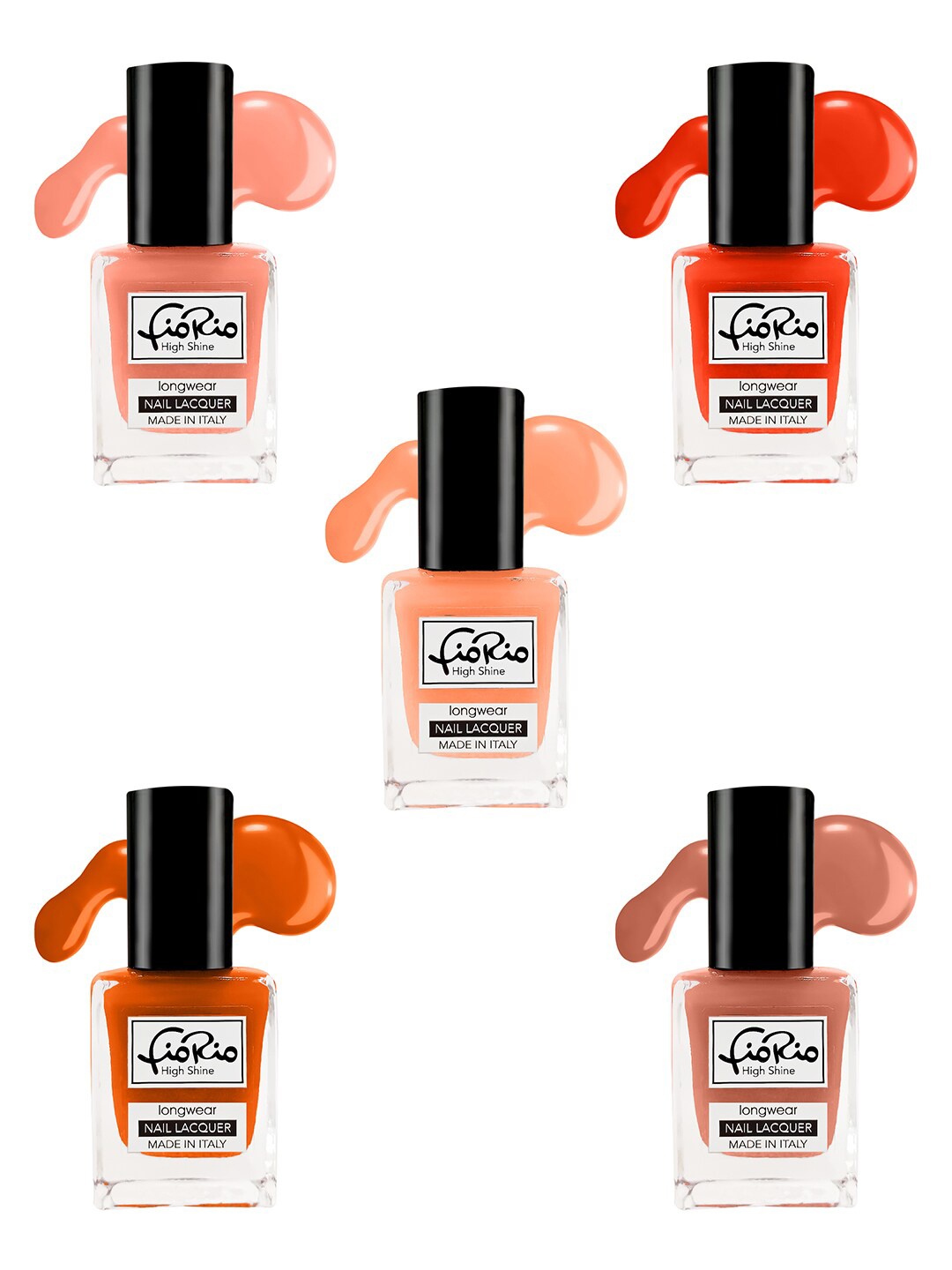

Fiorio Set of 5 High Shine Long Lasting Nail Lacquer 11ml Each- Shades 66+ 67+ 68+ 69+ 70, Peach