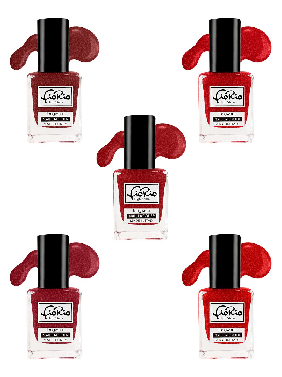

Fiorio Set of 5 High Shine Longwear Nail Lacquer 11ml each - Shades 31+32+22+29+26, Red