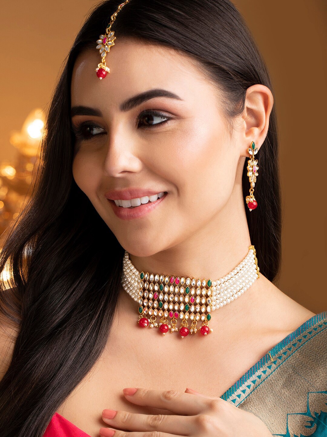 

Rubans Gold-Plated White & Red Stone Studded & Beaded Jewellery Set