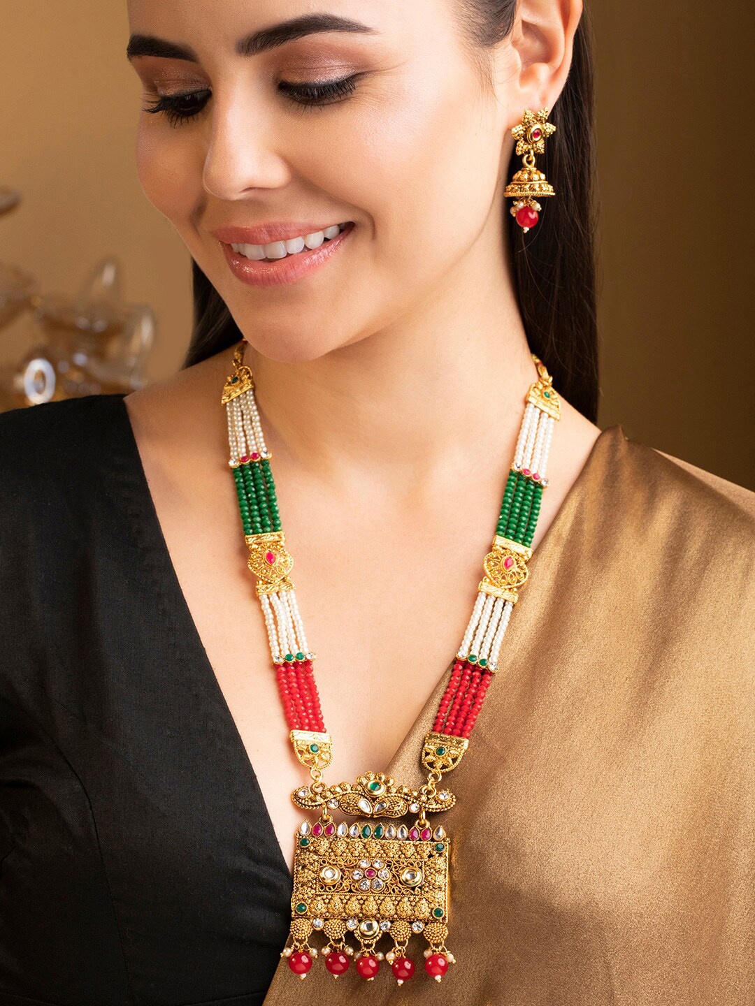 

Rubans Gold-Plated Orange & Green Stone & Beads Jewellery Set